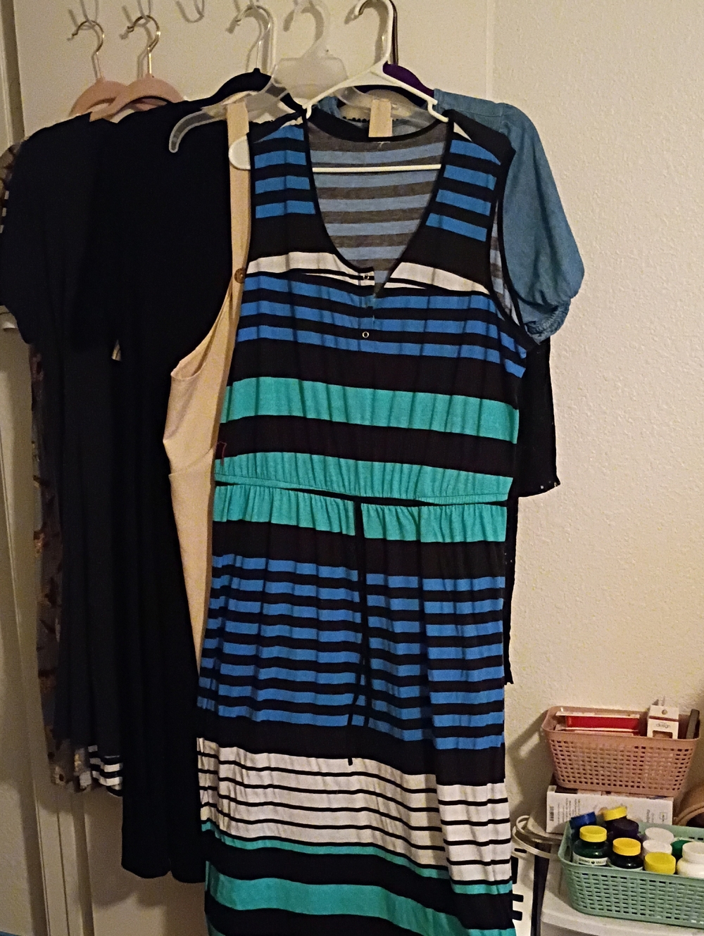Striped Sleeveless V-Neck Dress in Teal, Blue & Black